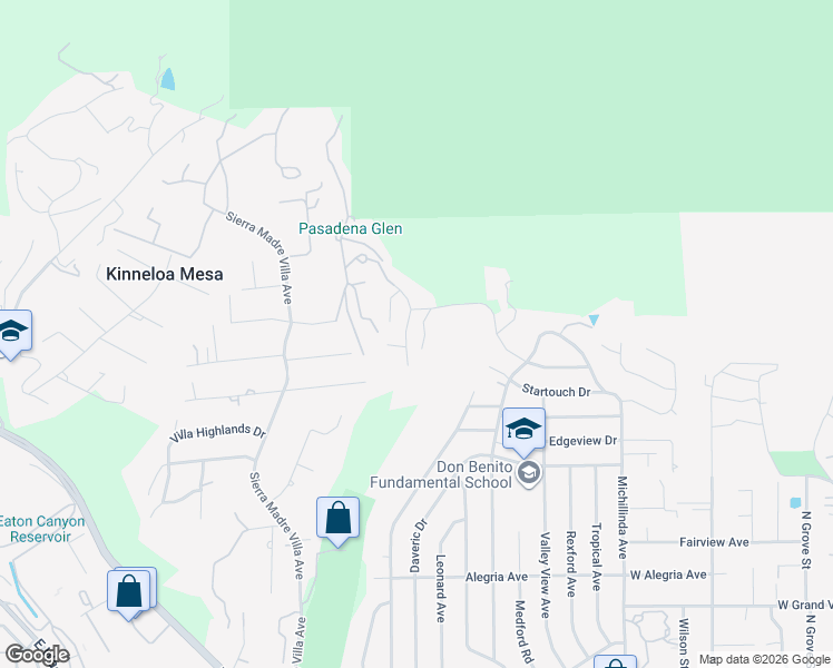 map of restaurants, bars, coffee shops, grocery stores, and more near 3520 Ranch Top Road in Pasadena