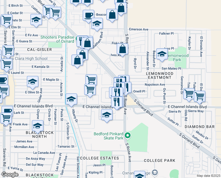 map of restaurants, bars, coffee shops, grocery stores, and more near 1637 Norton Street in Oxnard