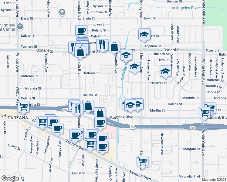 map of restaurants, bars, coffee shops, grocery stores, and more near 5715 Etiwanda Avenue in Los Angeles