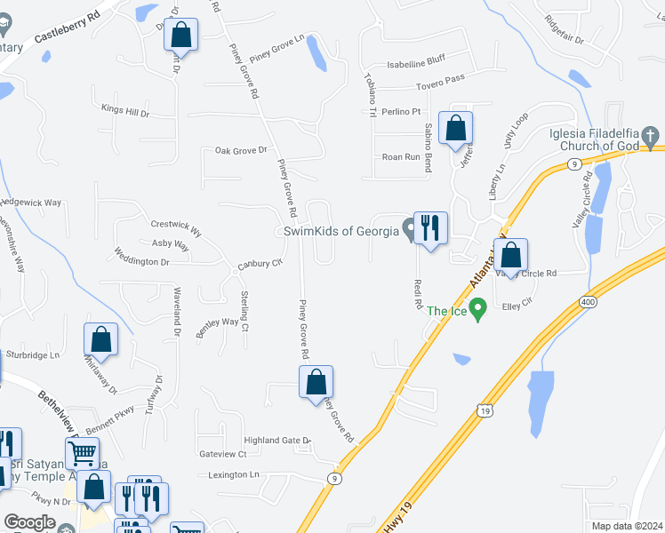 map of restaurants, bars, coffee shops, grocery stores, and more near 5038 Sherwood Way in Cumming