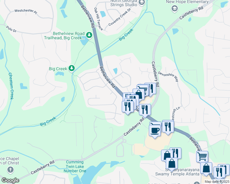 map of restaurants, bars, coffee shops, grocery stores, and more near 5515 Falls Landing Drive in Cumming