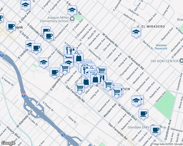 map of restaurants, bars, coffee shops, grocery stores, and more near 1117 Linden Avenue in Glendale