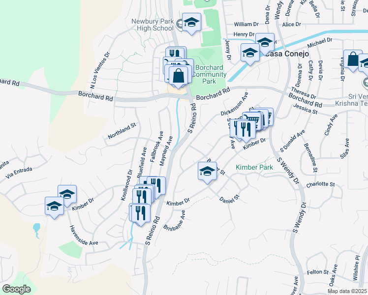 map of restaurants, bars, coffee shops, grocery stores, and more near 245 Dickenson Avenue in Thousand Oaks