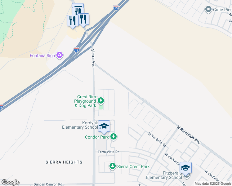 map of restaurants, bars, coffee shops, grocery stores, and more near 17036 Servando Way in Fontana