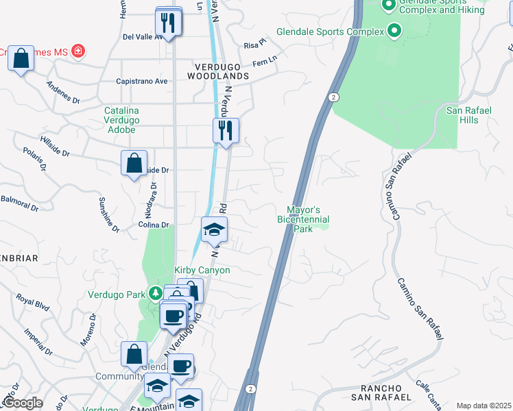 map of restaurants, bars, coffee shops, grocery stores, and more near 1848 Samarkand Place in Glendale