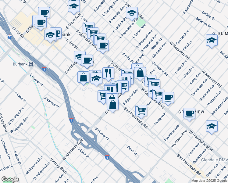 map of restaurants, bars, coffee shops, grocery stores, and more near 221 East Valencia Avenue in Burbank