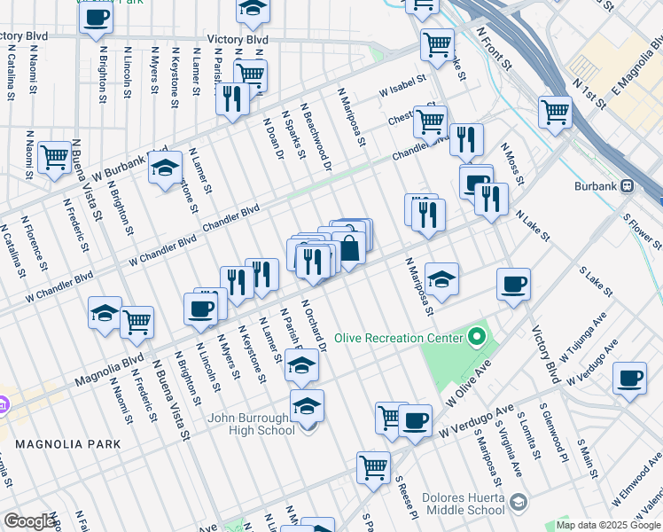 map of restaurants, bars, coffee shops, grocery stores, and more near 524 North Sparks Street in Burbank