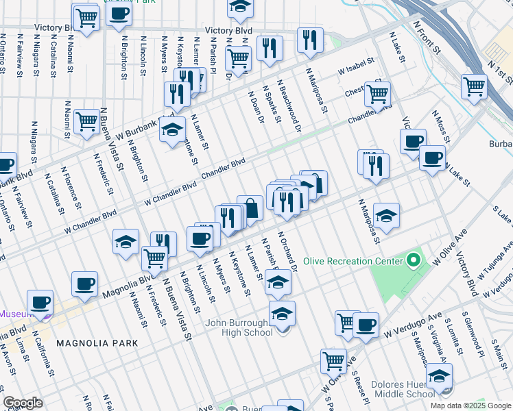 map of restaurants, bars, coffee shops, grocery stores, and more near 704 North Parish Place in Burbank