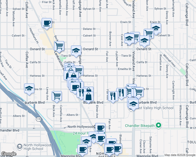 map of restaurants, bars, coffee shops, grocery stores, and more near 11221 Hatteras Street in Los Angeles