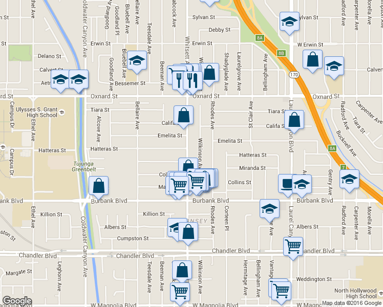 map of restaurants, bars, coffee shops, grocery stores, and more near 5805 Whitsett Avenue in Los Angeles