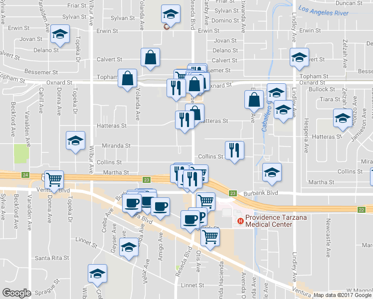 map of restaurants, bars, coffee shops, grocery stores, and more near 5825 Reseda Boulevard in Los Angeles