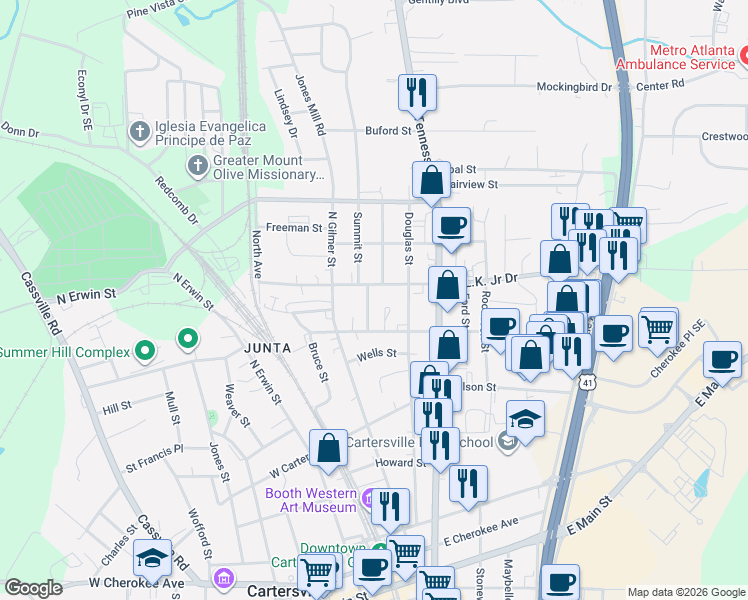 map of restaurants, bars, coffee shops, grocery stores, and more near 110 Martin Luther King Junior Drive in Cartersville