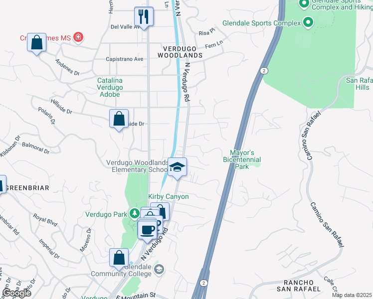 map of restaurants, bars, coffee shops, grocery stores, and more near 1830 North Verdugo Road in Glendale