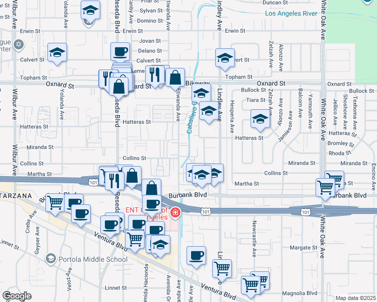 map of restaurants, bars, coffee shops, grocery stores, and more near 5700 Etiwanda Avenue in Los Angeles