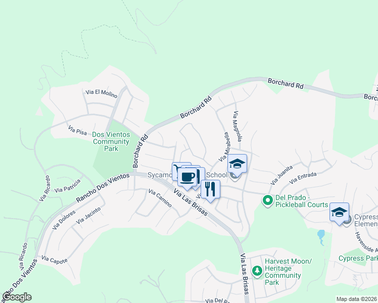 map of restaurants, bars, coffee shops, grocery stores, and more near 202 Via Antonio in Thousand Oaks