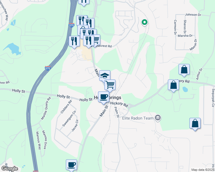 map of restaurants, bars, coffee shops, grocery stores, and more near 2619 Holly Springs Parkway in Holly Springs
