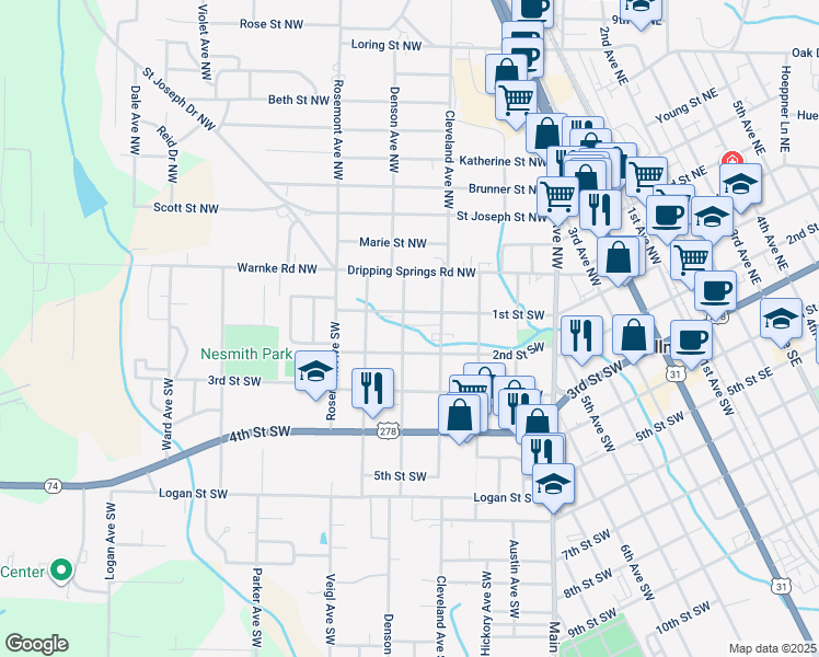 map of restaurants, bars, coffee shops, grocery stores, and more near 1303 1st Street Southwest in Cullman