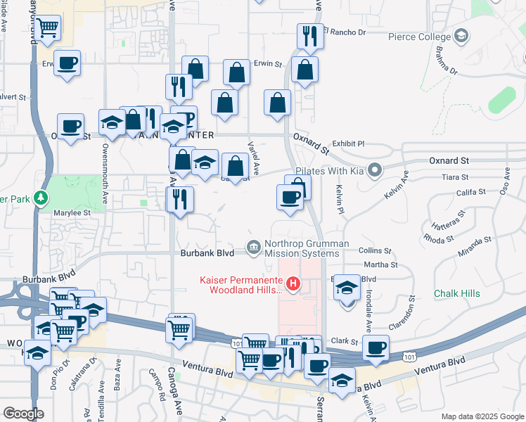 map of restaurants, bars, coffee shops, grocery stores, and more near 21051 Warner Center Lane in Los Angeles