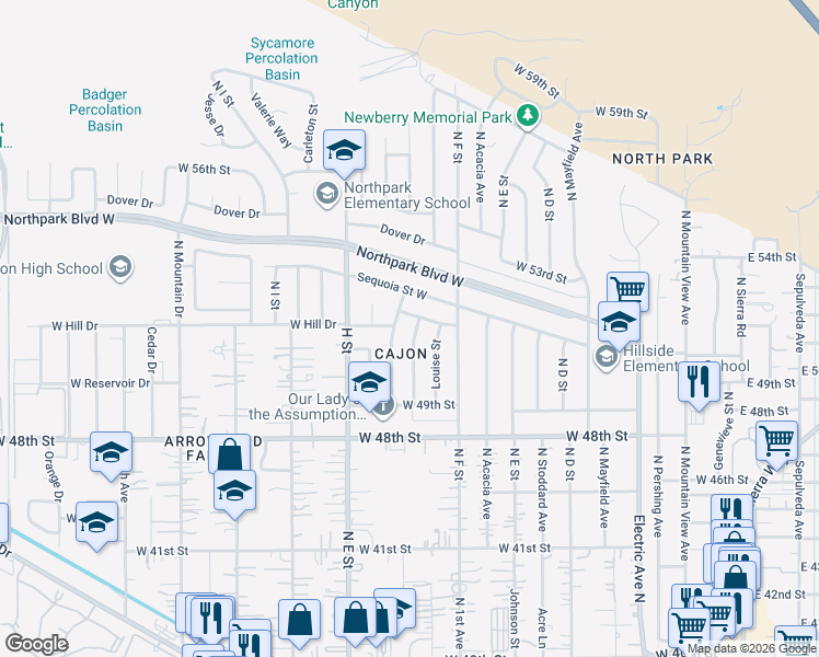 map of restaurants, bars, coffee shops, grocery stores, and more near 694 52nd Street in San Bernardino