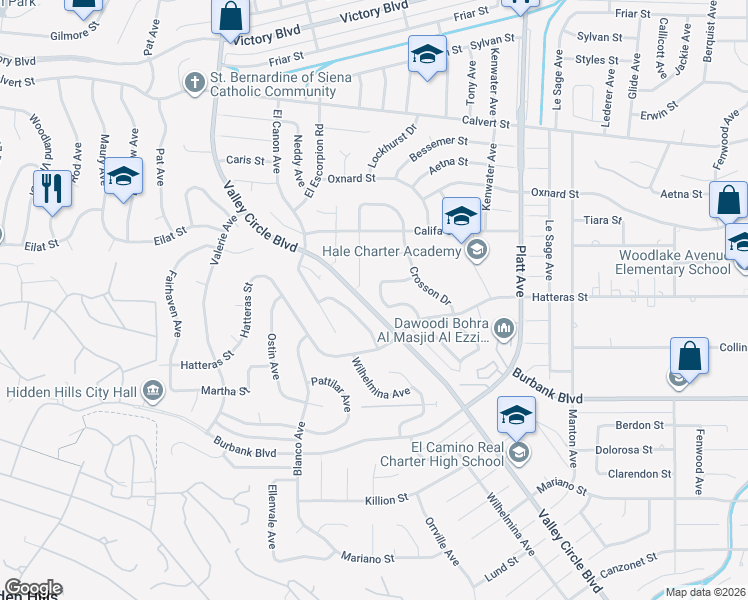 map of restaurants, bars, coffee shops, grocery stores, and more near 5801 Lockhurst Drive in Los Angeles