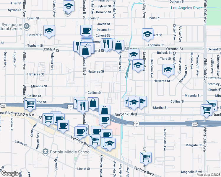 map of restaurants, bars, coffee shops, grocery stores, and more near 18339 Collins Street in Los Angeles