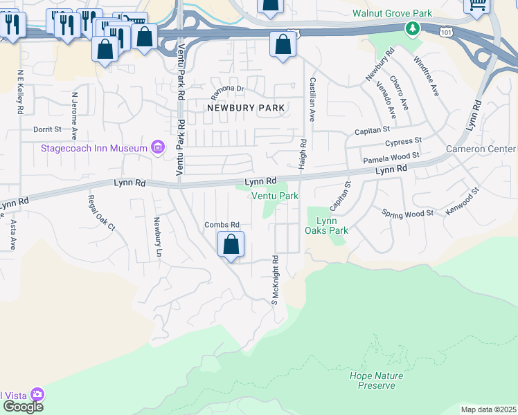 map of restaurants, bars, coffee shops, grocery stores, and more near 158 Midbury Hill Road in Ventura County