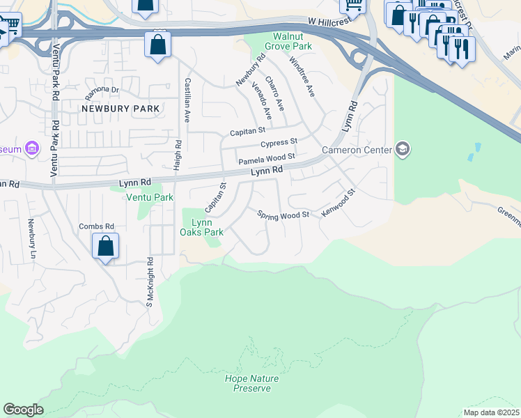 map of restaurants, bars, coffee shops, grocery stores, and more near 801 Spring Wood Street in Thousand Oaks