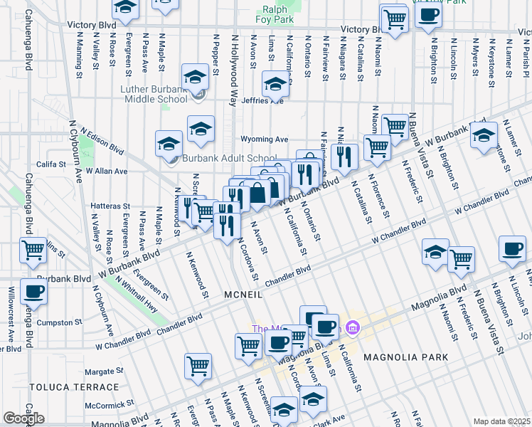 map of restaurants, bars, coffee shops, grocery stores, and more near 3401 Burbank Boulevard in Burbank