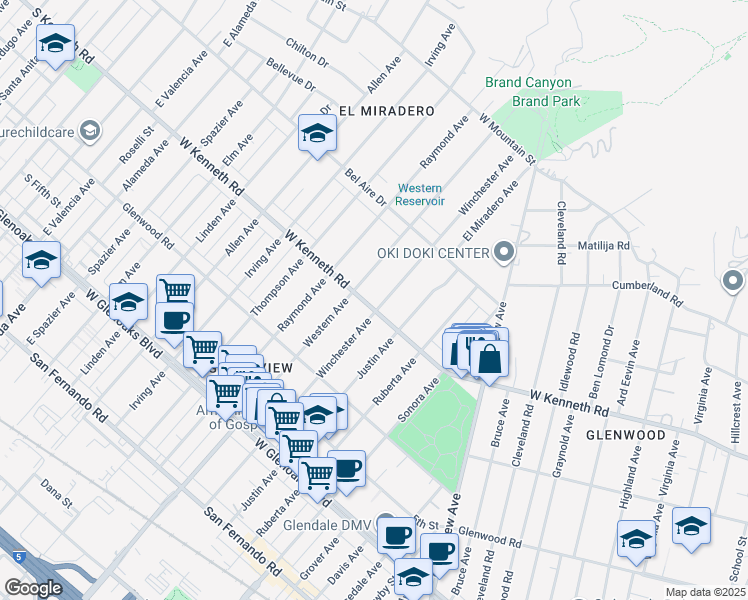 map of restaurants, bars, coffee shops, grocery stores, and more near 1637 West Kenneth Road in Glendale