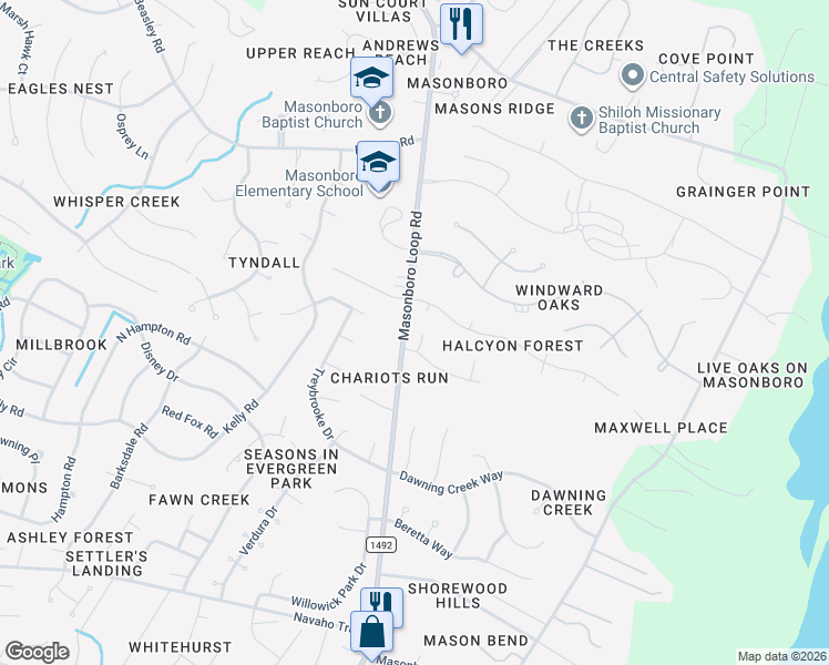 map of restaurants, bars, coffee shops, grocery stores, and more near 1668-1764 Masonboro Loop Rd in Wilmington