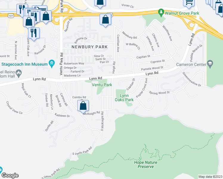 map of restaurants, bars, coffee shops, grocery stores, and more near 161 Heavenly Valley Road in Ventura County