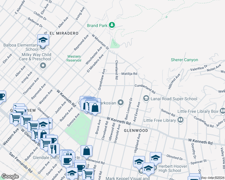map of restaurants, bars, coffee shops, grocery stores, and more near 1635 Cleveland Road in Glendale