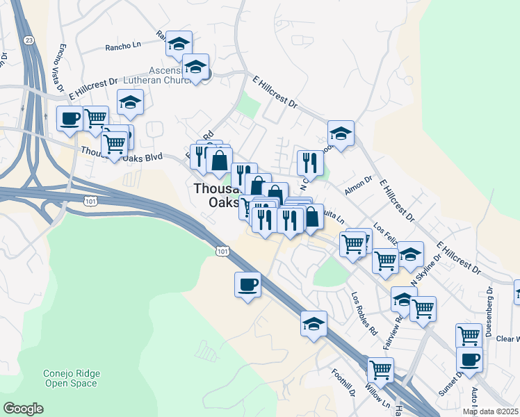 map of restaurants, bars, coffee shops, grocery stores, and more near 2099 Thousand Oaks Boulevard in Thousand Oaks