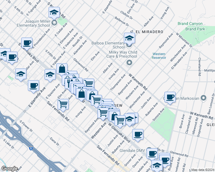 map of restaurants, bars, coffee shops, grocery stores, and more near 1817 Glenwood Road in Glendale