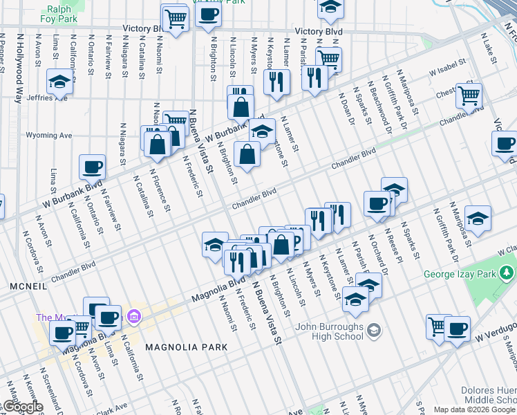 map of restaurants, bars, coffee shops, grocery stores, and more near 835 North Lincoln Street in Burbank