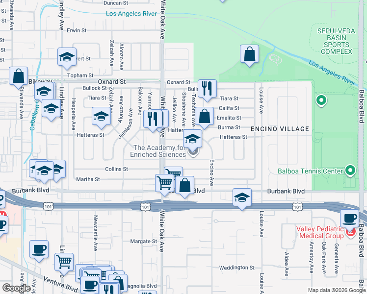 map of restaurants, bars, coffee shops, grocery stores, and more near 17601 Rhoda Street in Los Angeles