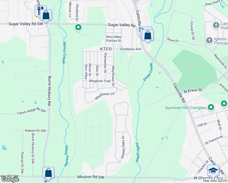 map of restaurants, bars, coffee shops, grocery stores, and more near 164 Mayflower Cir in Cartersville
