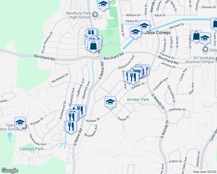 map of restaurants, bars, coffee shops, grocery stores, and more near 222 Dickenson Avenue in Thousand Oaks