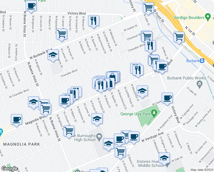 map of restaurants, bars, coffee shops, grocery stores, and more near 513 North Sparks Street in Burbank