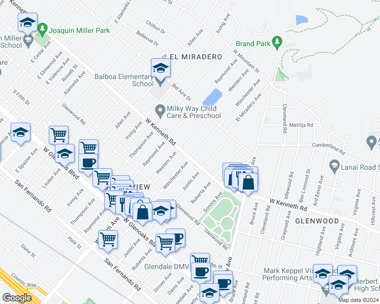 map of restaurants, bars, coffee shops, grocery stores, and more near 1637 West Kenneth Road in Glendale