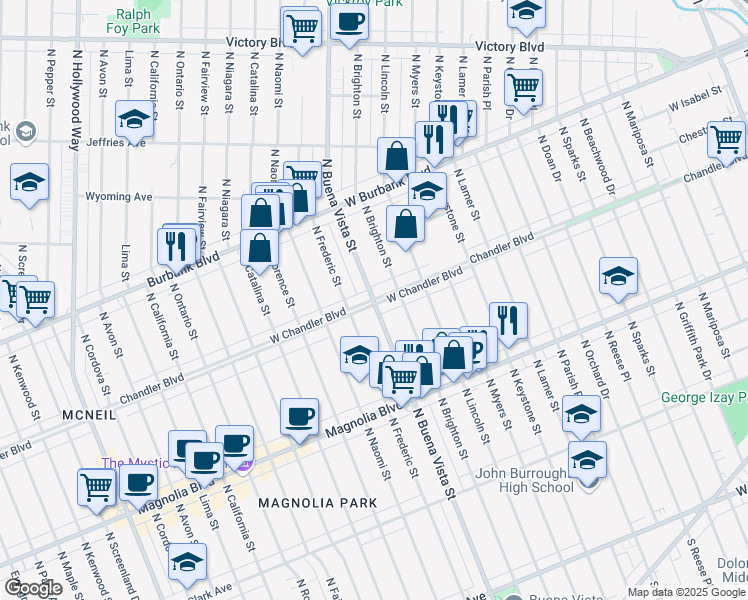 map of restaurants, bars, coffee shops, grocery stores, and more near Chandler Boulevard & North Buena Vista Street in Burbank