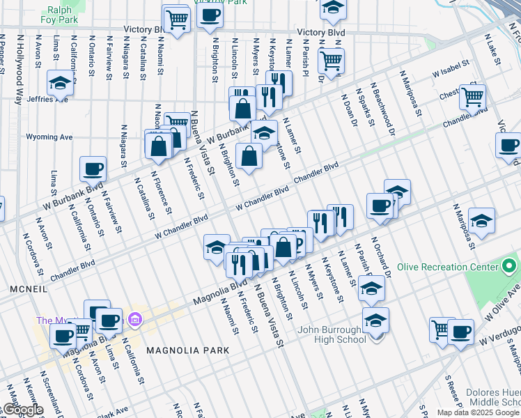 map of restaurants, bars, coffee shops, grocery stores, and more near 835 North Lincoln Street in Burbank
