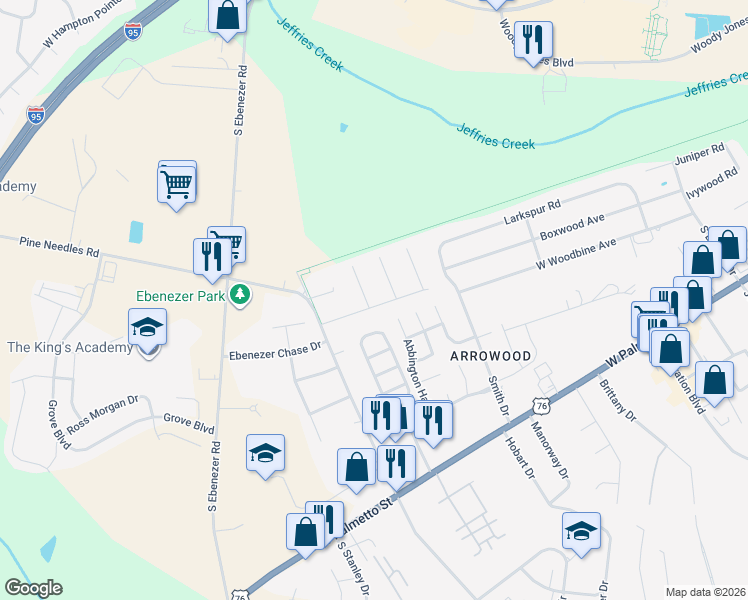 map of restaurants, bars, coffee shops, grocery stores, and more near 712 Prince Alston Cove in Florence