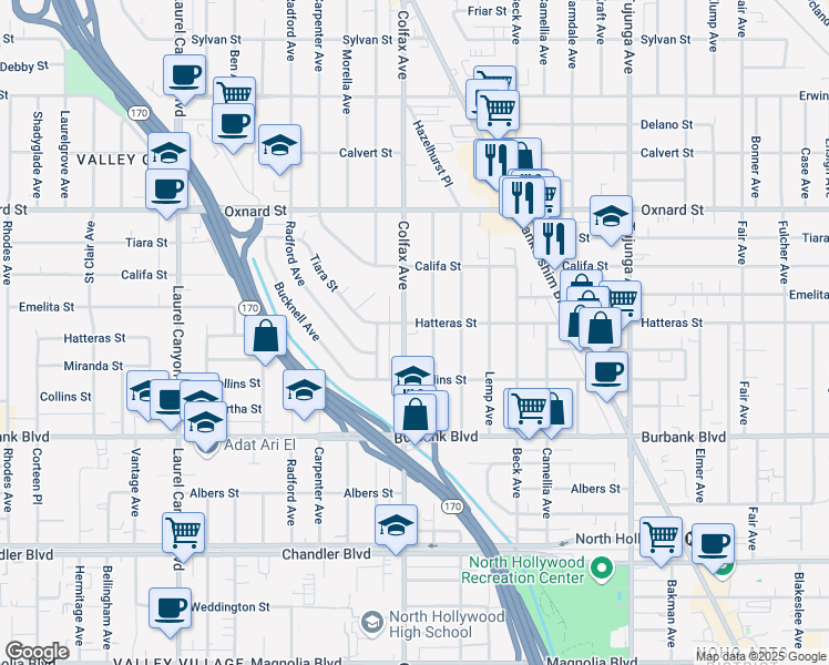 map of restaurants, bars, coffee shops, grocery stores, and more near 5802 Colfax Avenue in Los Angeles