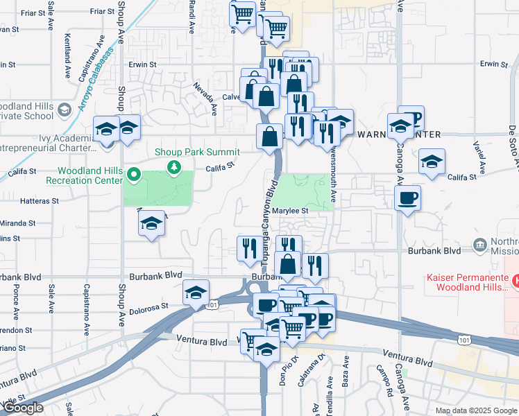 map of restaurants, bars, coffee shops, grocery stores, and more near 5807 California 27 in Los Angeles