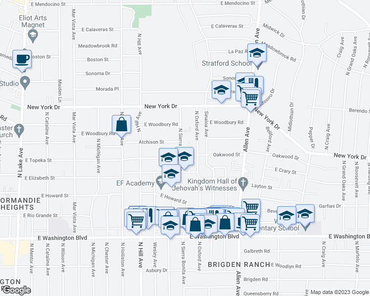 map of restaurants, bars, coffee shops, grocery stores, and more near 1736 North Sierra Bonita Avenue in Pasadena