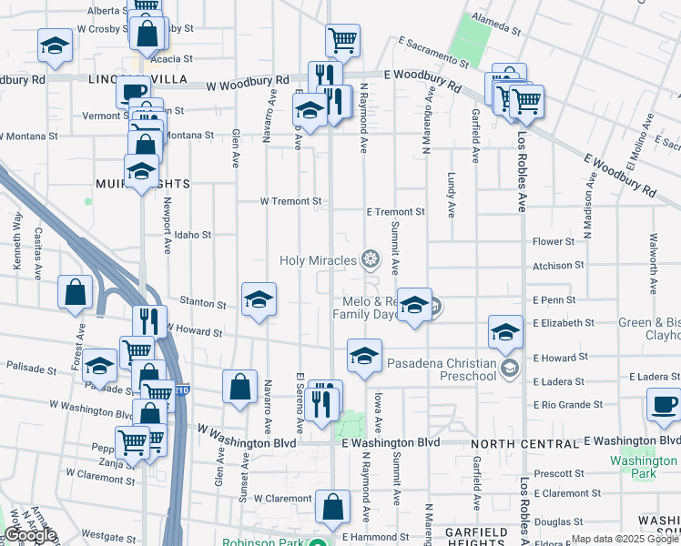map of restaurants, bars, coffee shops, grocery stores, and more near 1760 North Fair Oaks Avenue in Pasadena