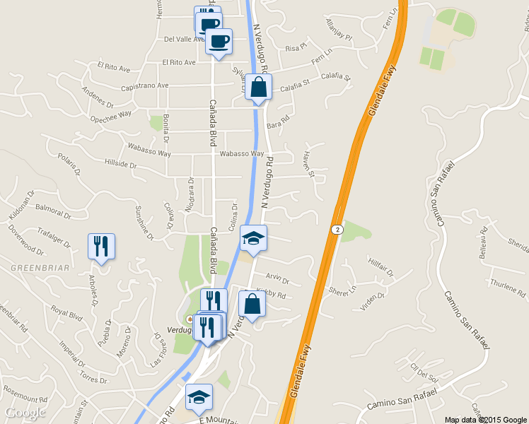 map of restaurants, bars, coffee shops, grocery stores, and more near 1841 North Verdugo Road in Glendale