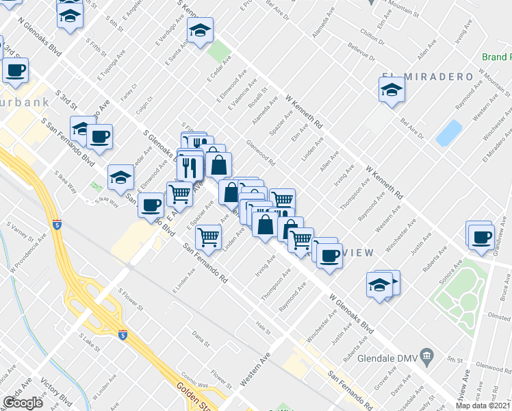map of restaurants, bars, coffee shops, grocery stores, and more near 1128 Elm Avenue in Glendale