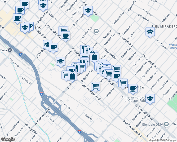 map of restaurants, bars, coffee shops, grocery stores, and more near 1001 South Glenoaks Boulevard in Burbank